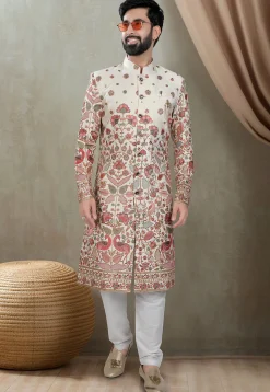 Embroidered Art Silk Sherwani in Cream