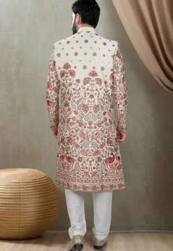 Embroidered Art Silk Sherwani in Cream