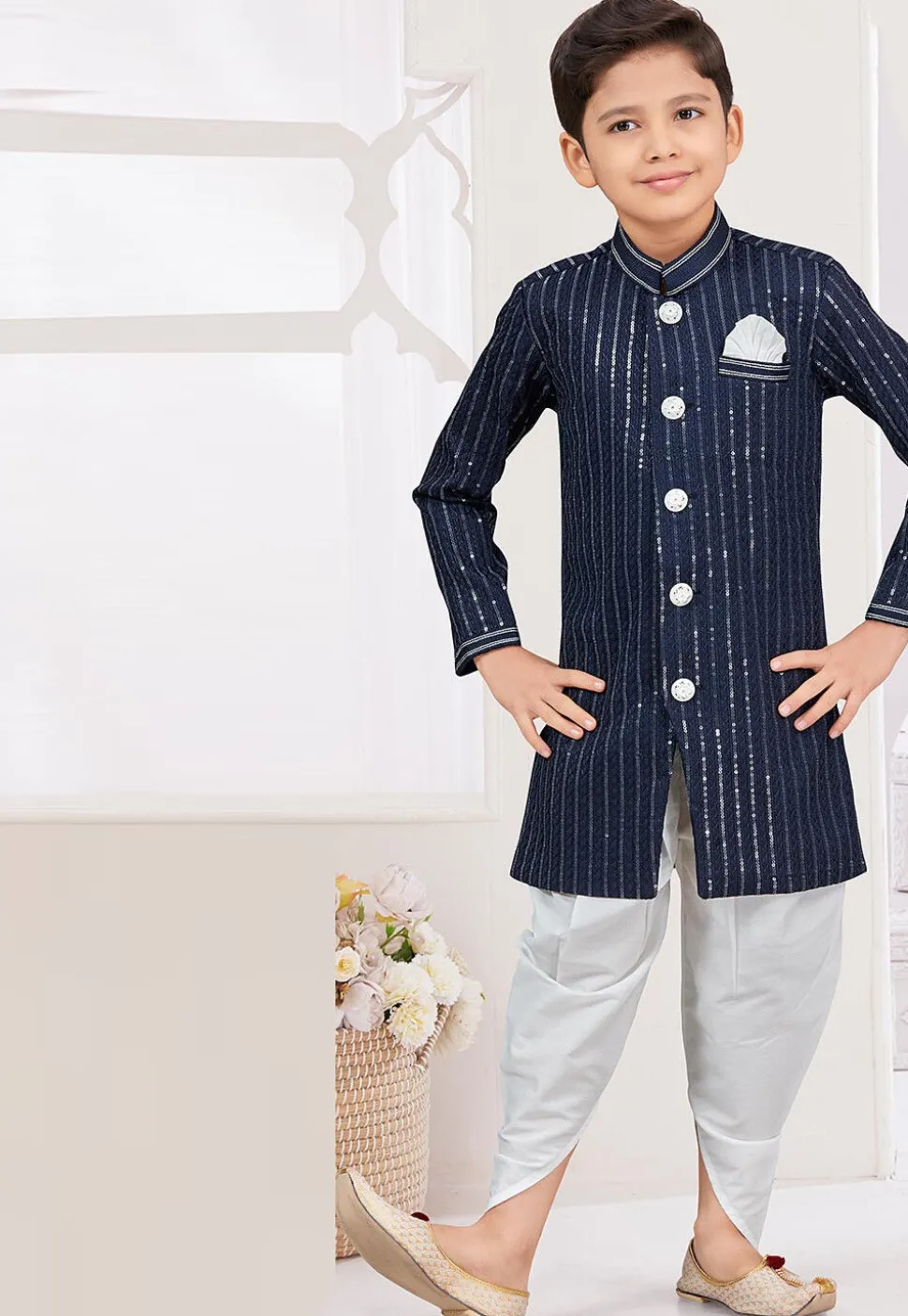 Embroidered Art Silk Sherwani in Navy Blue
