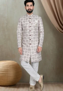 Embroidered Art Silk Sherwani in Cream