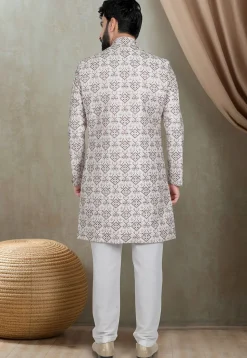 Embroidered Art Silk Sherwani in Cream