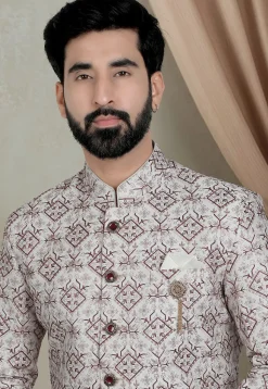 Embroidered Art Silk Sherwani in Cream