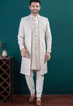 Embroidered Art Silk Sherwani in Off White