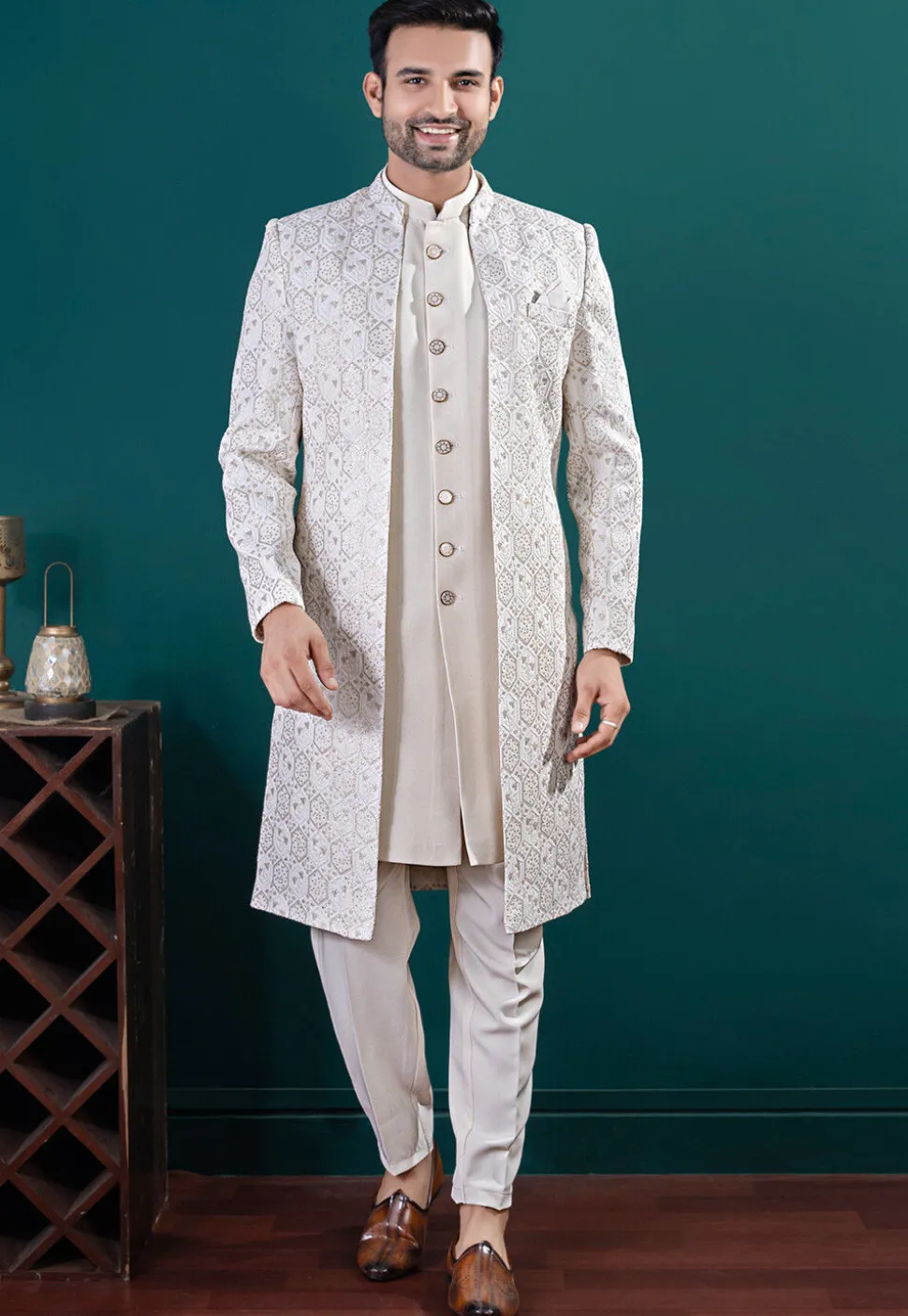 Embroidered Art Silk Sherwani in Off White
