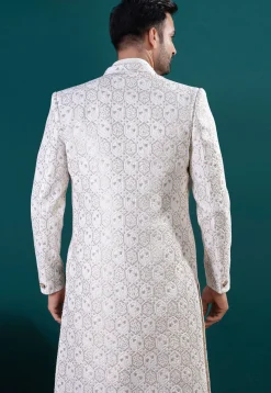 Embroidered Art Silk Sherwani in Off White