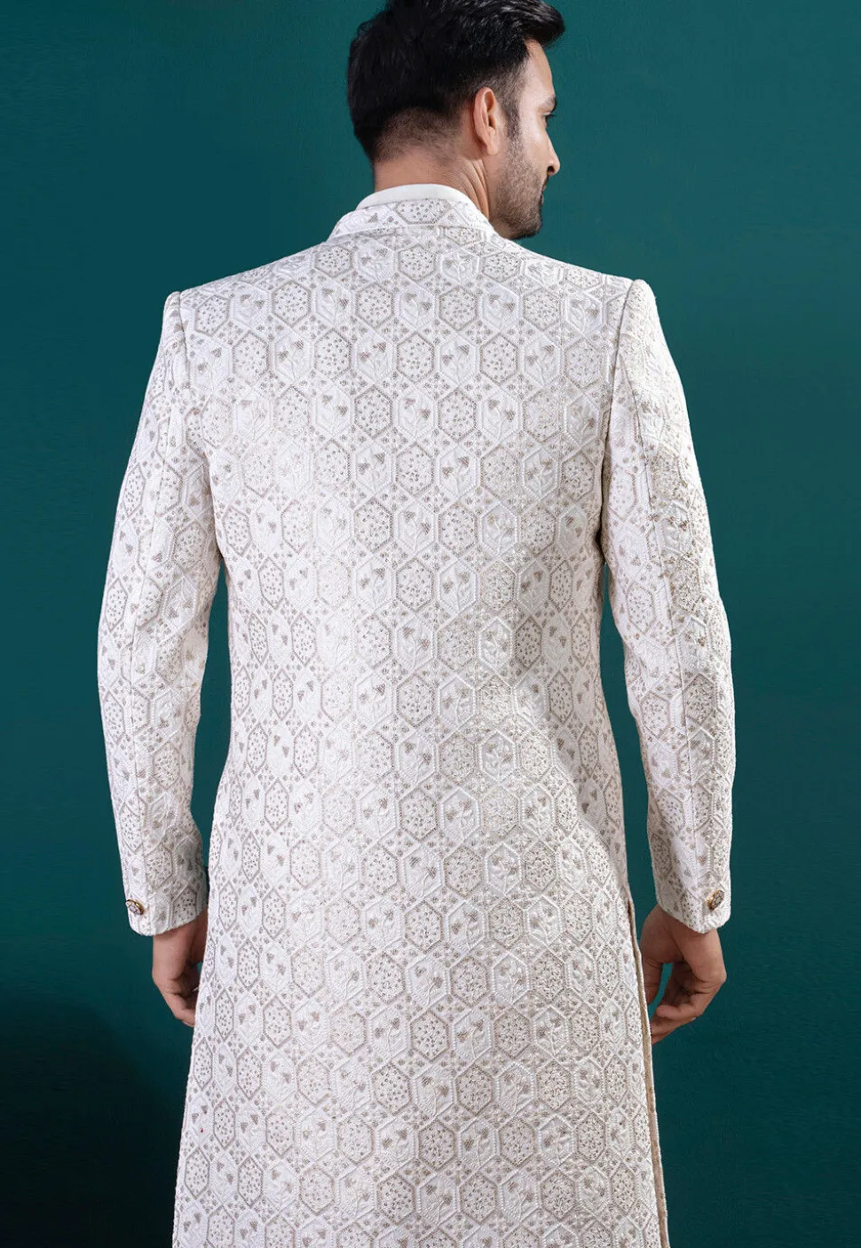 Embroidered Art Silk Sherwani in Off White