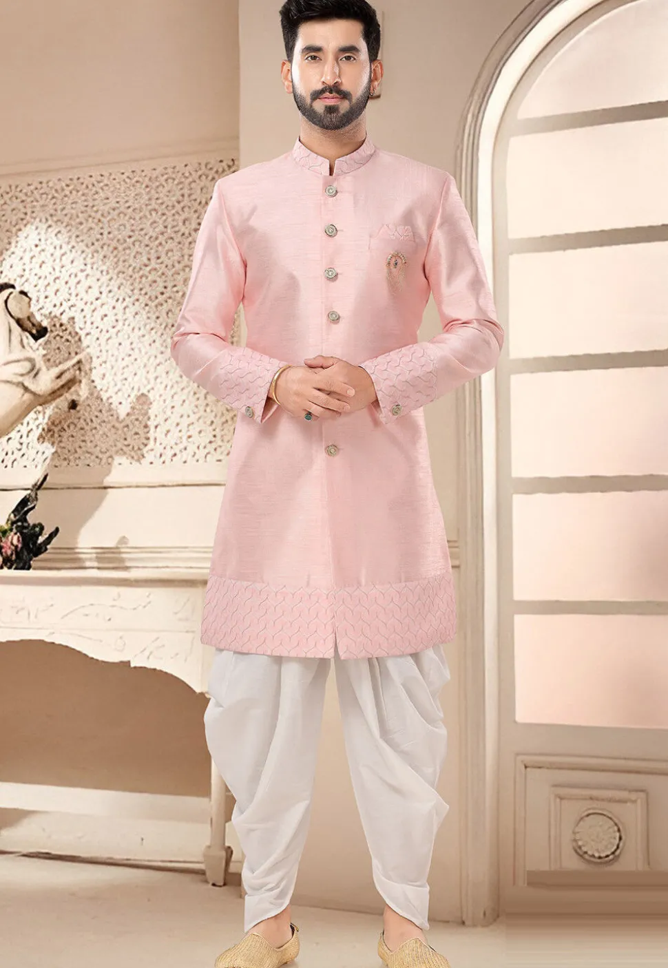 Embroidered Art Silk Sherwani in Pink