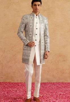 Embroidered Art Silk Sherwani in White