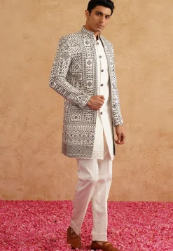 Embroidered Art Silk Sherwani in White