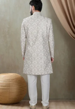 Embroidered Art Silk Sherwani in Off White