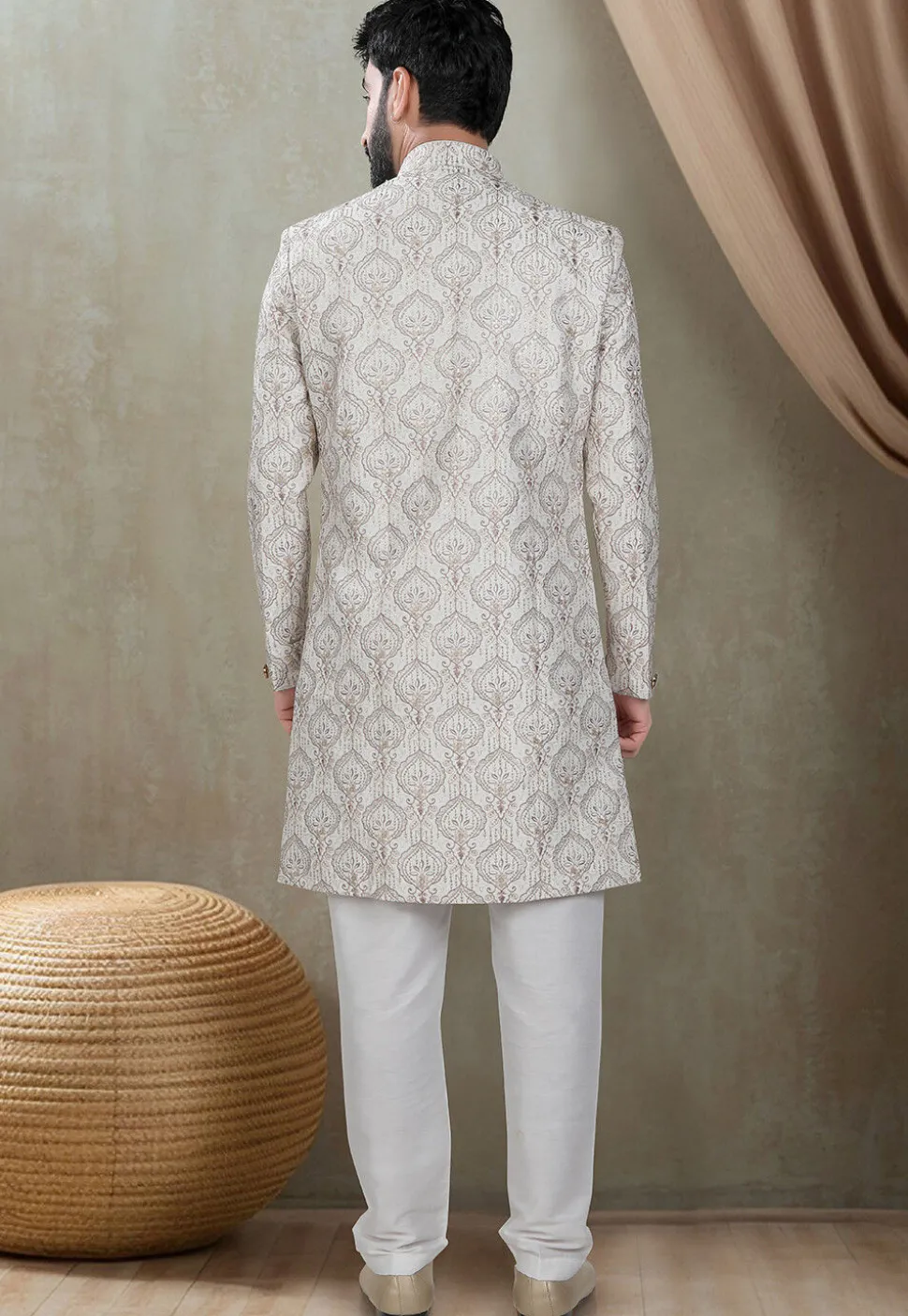 Embroidered Art Silk Sherwani in Off White