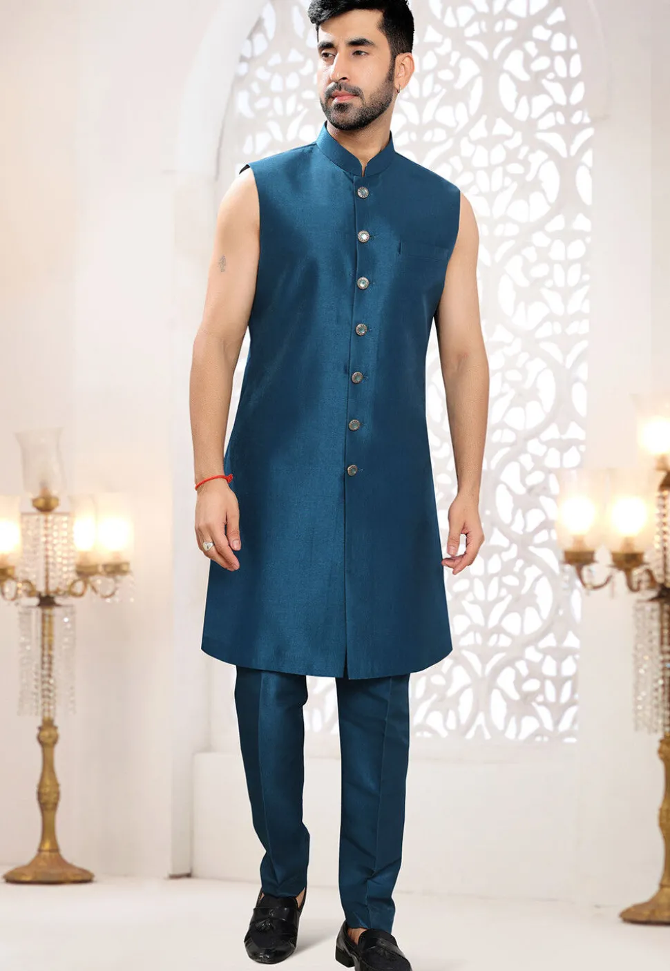 Embroidered Art Silk Sherwani in Teal Blue