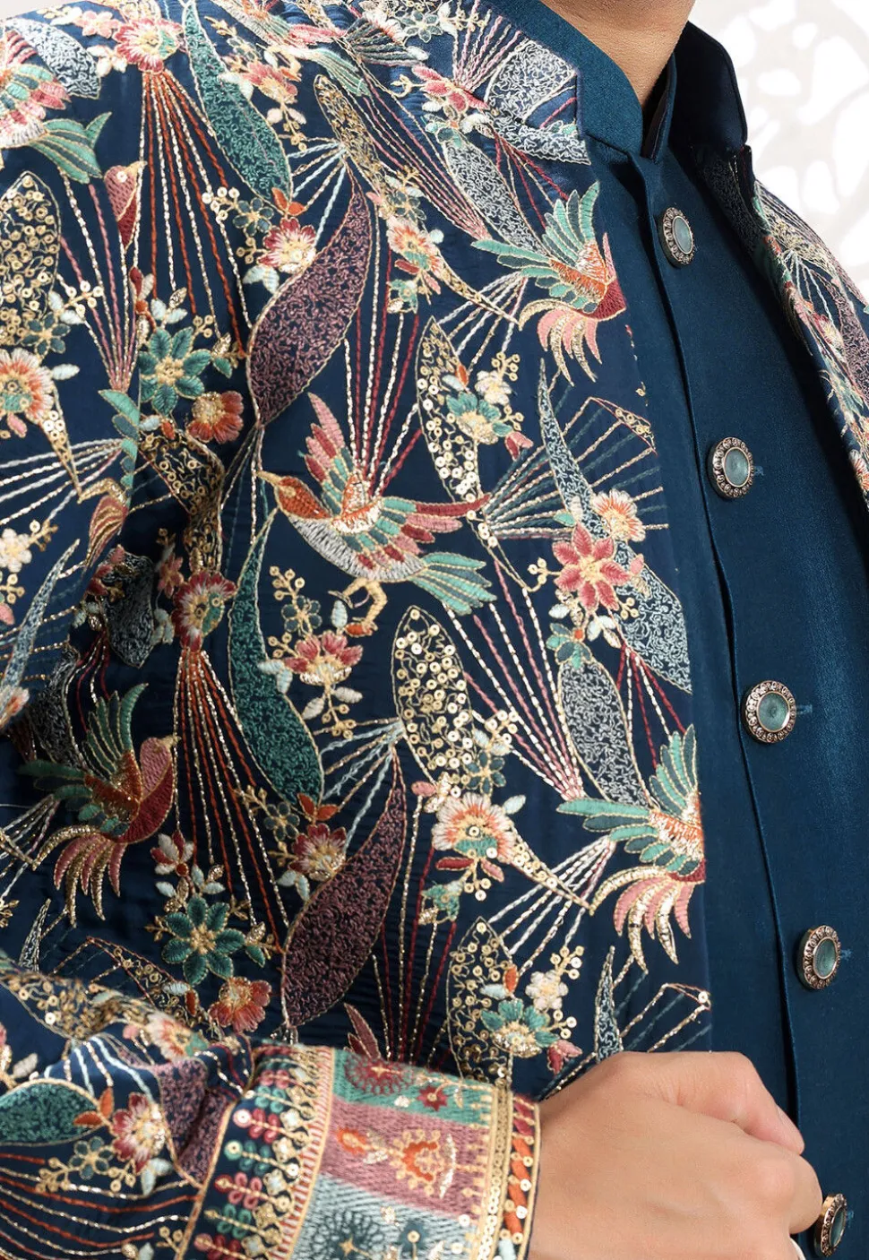 Embroidered Art Silk Sherwani in Teal Blue