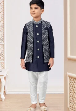 Embroidered Art Silk Sherwani in Navy Blue
