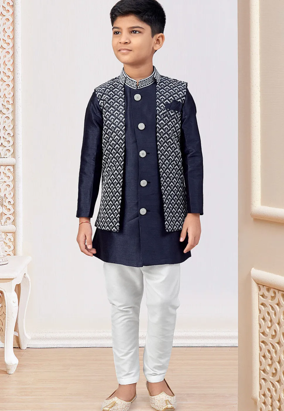 Embroidered Art Silk Sherwani in Navy Blue
