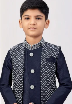 Embroidered Art Silk Sherwani in Navy Blue