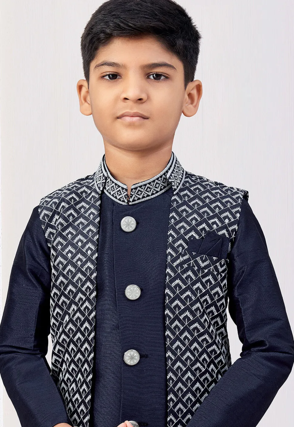 Embroidered Art Silk Sherwani in Navy Blue