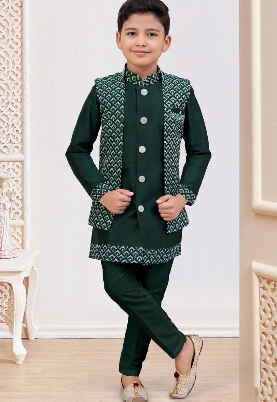 Embroidered Art Silk Sherwani in Dark Green