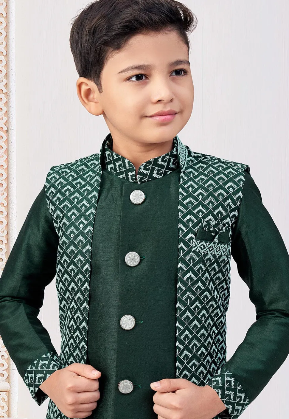 Embroidered Art Silk Sherwani in Dark Green