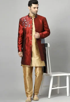 Embroidered Art Silk Sherwani in Maroon and Golden