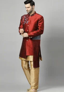Embroidered Art Silk Sherwani in Maroon and Golden