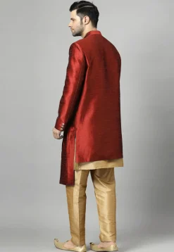 Embroidered Art Silk Sherwani in Maroon and Golden