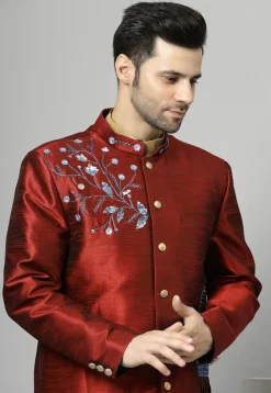 Embroidered Art Silk Sherwani in Maroon and Golden