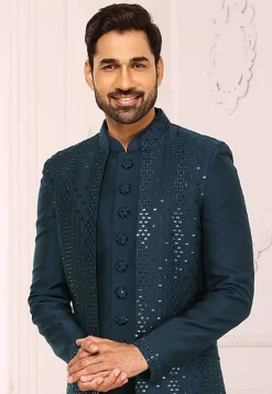 Embroidered Art Silk Sherwani in Navy Blue