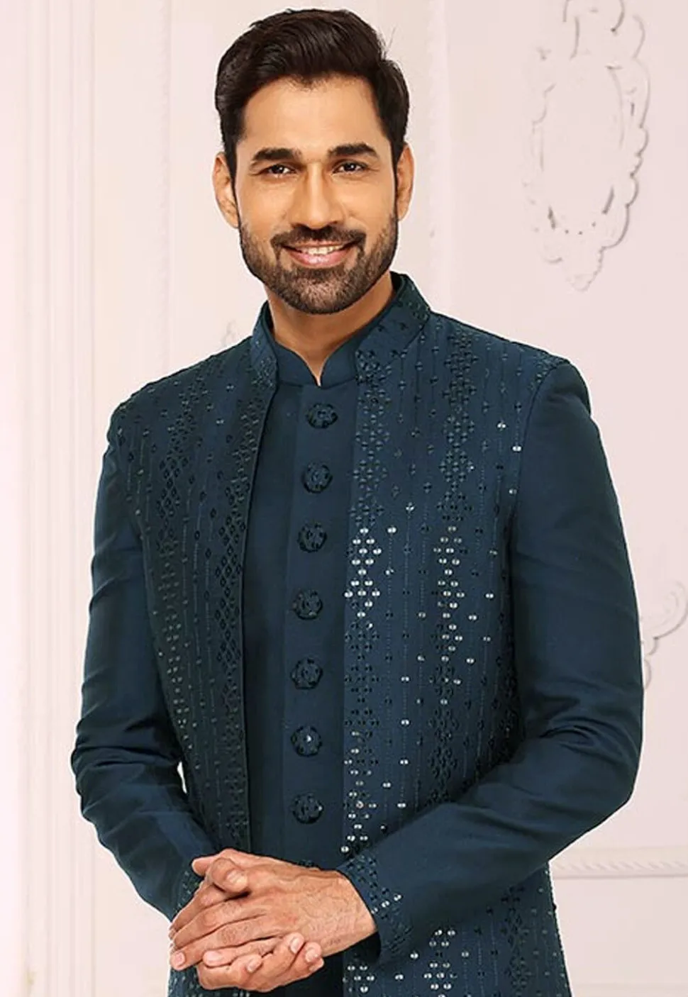 Embroidered Art Silk Sherwani in Navy Blue