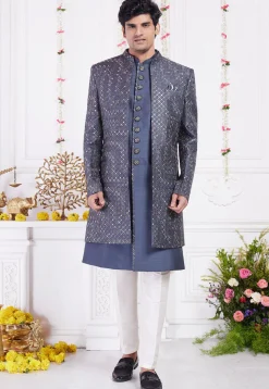 Embroidered Art Silk Sherwani in Dusty Blue