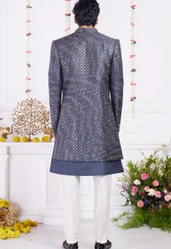 Embroidered Art Silk Sherwani in Dusty Blue