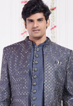 Embroidered Art Silk Sherwani in Dusty Blue