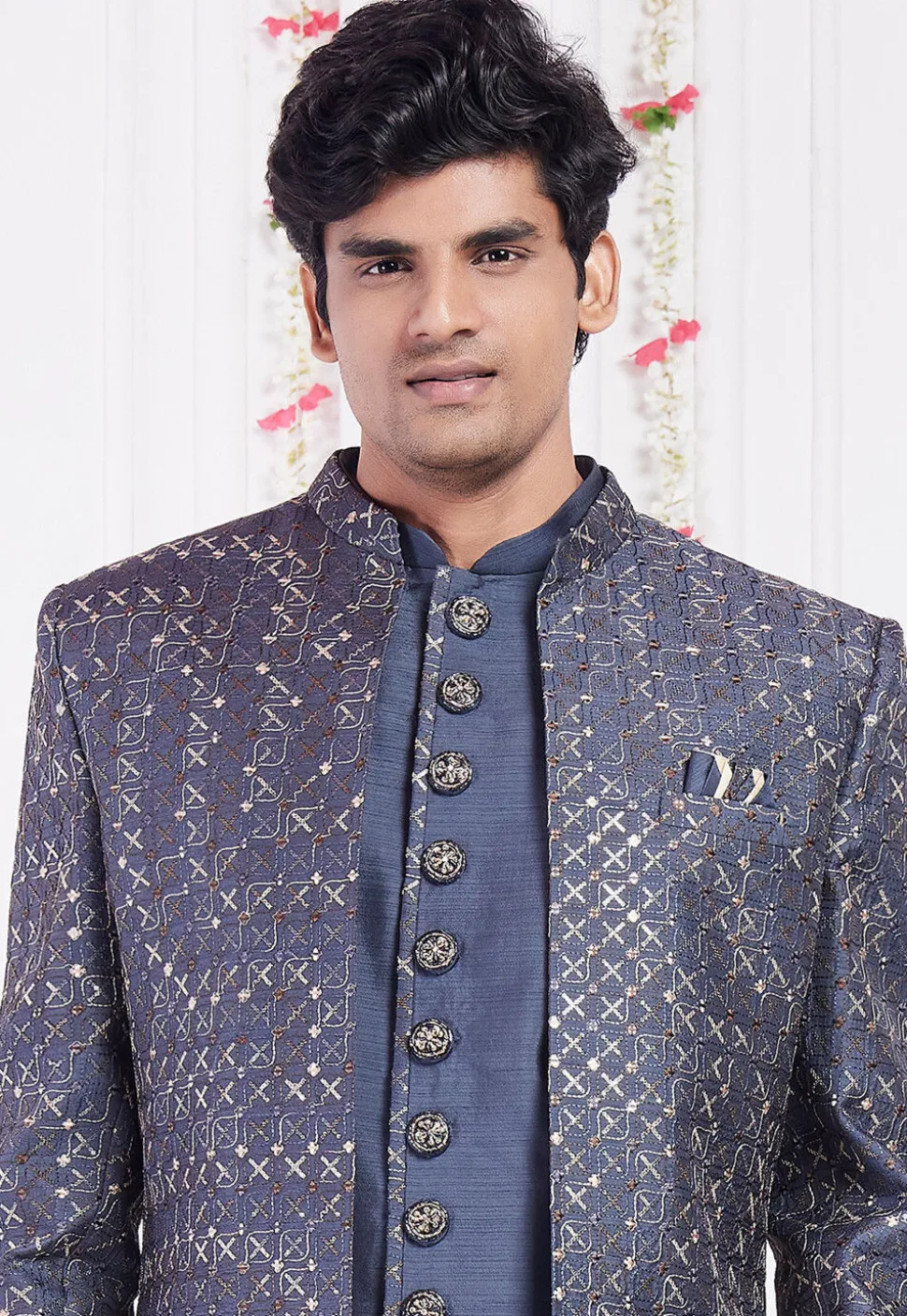 Embroidered Art Silk Sherwani in Dusty Blue