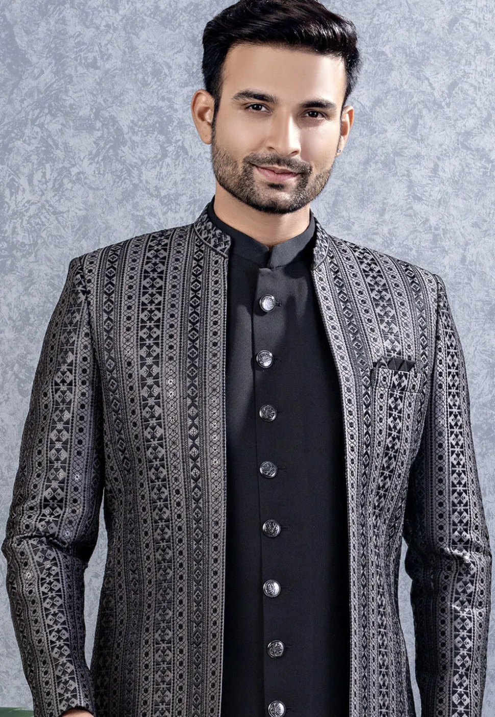 Embroidered Art Silk Sherwani in Black