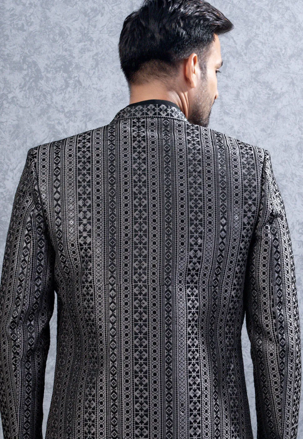 Embroidered Art Silk Sherwani in Black