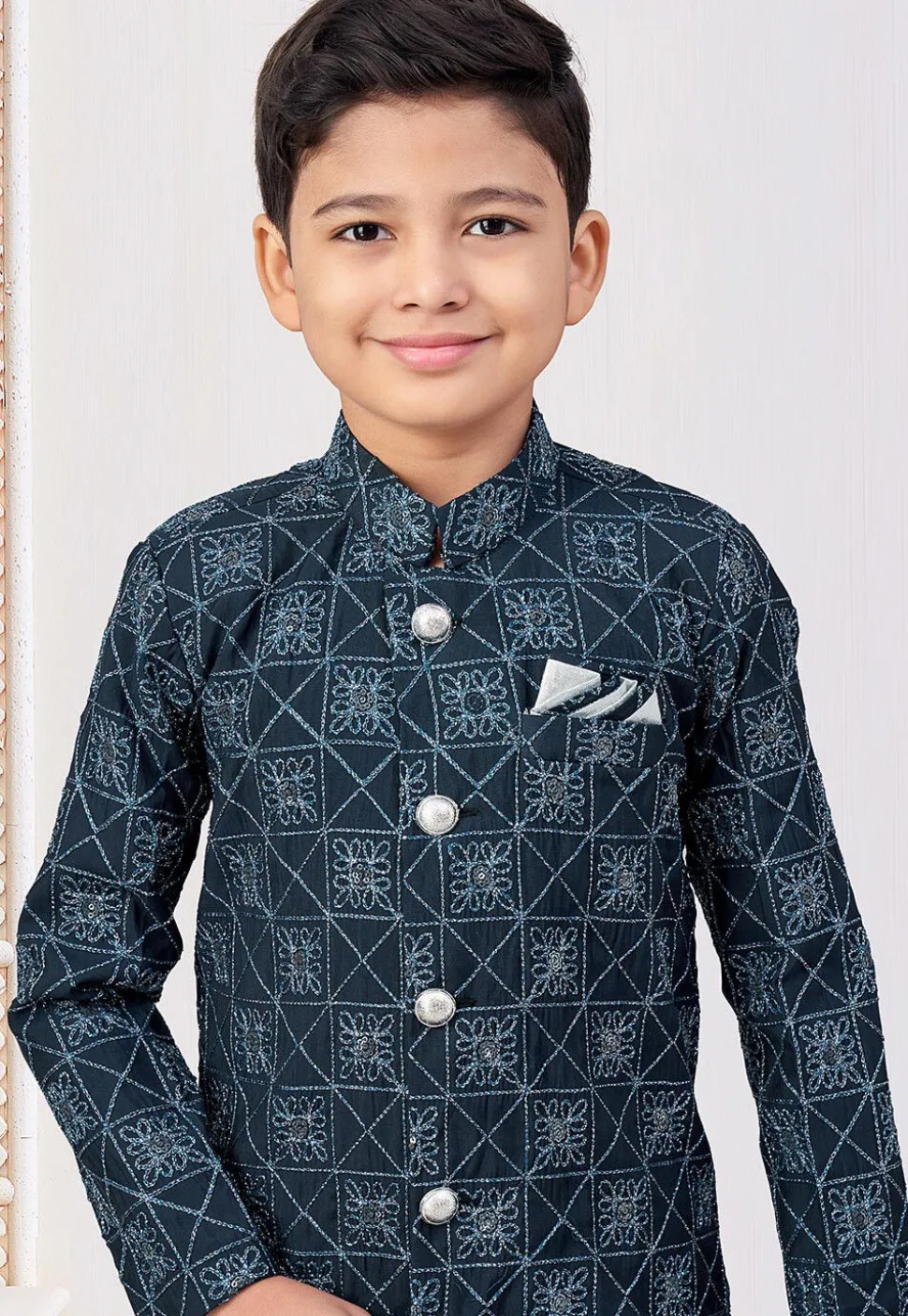 Embroidered Art Silk Sherwani in Teal Blue