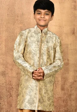 Embroidered Art Silk Sherwani Set in Light Beige