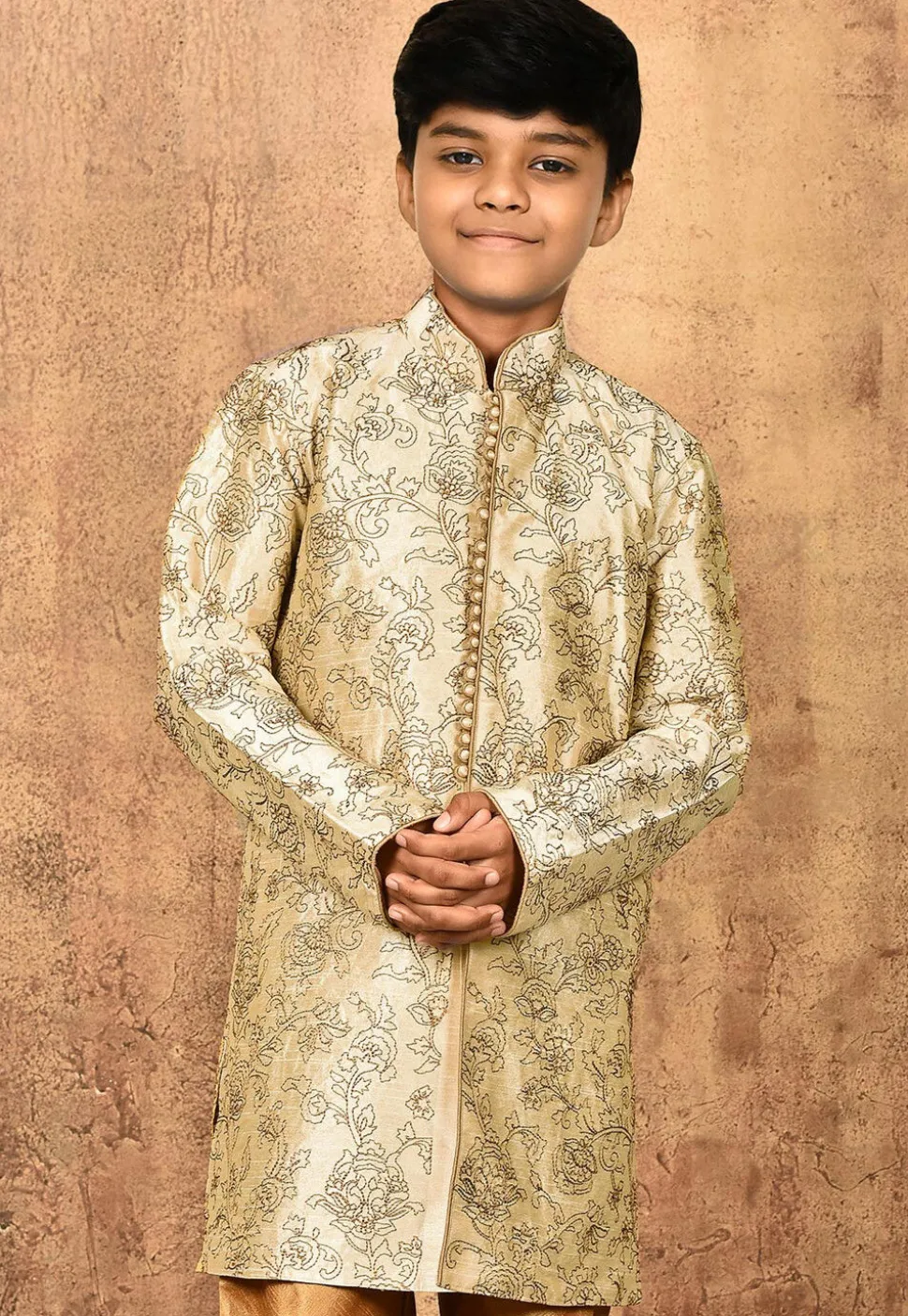Embroidered Art Silk Sherwani Set in Light Beige