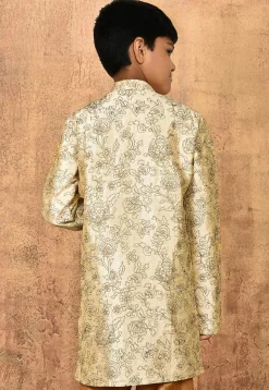 Embroidered Art Silk Sherwani Set in Light Beige