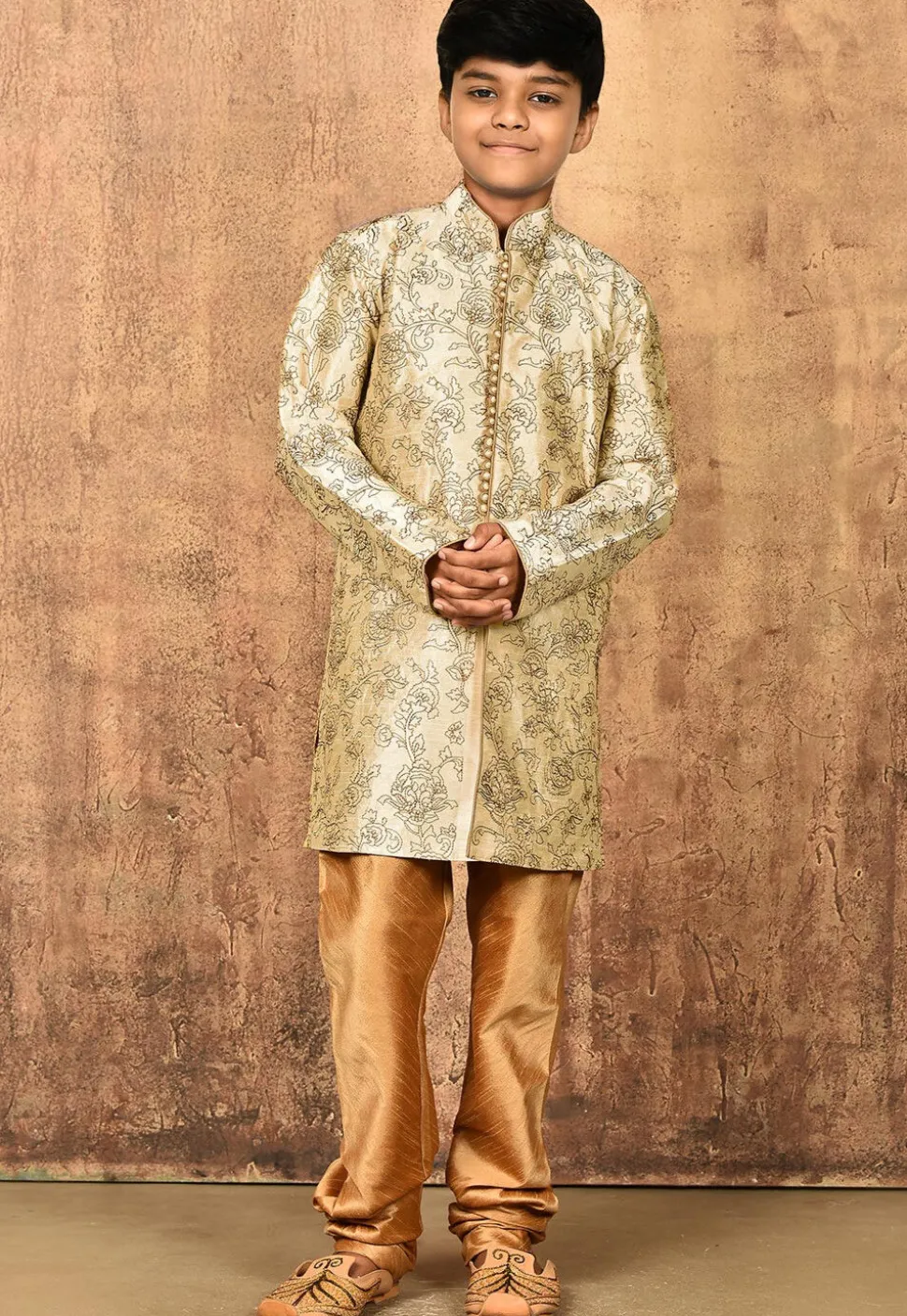 Embroidered Art Silk Sherwani Set in Light Beige