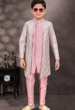 Embroidered Art Silk Sherwani in Pink and Off White