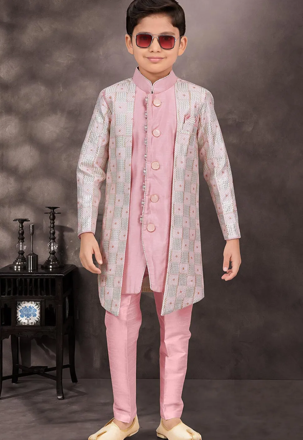 Embroidered Art Silk Sherwani in Pink and Off White