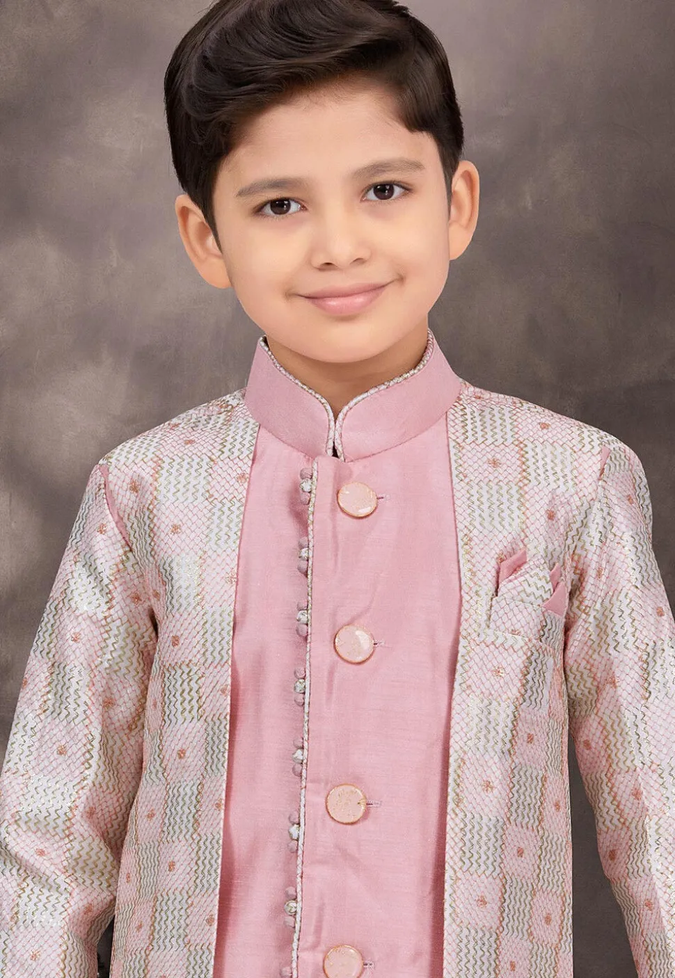 Embroidered Art Silk Sherwani in Pink and Off White