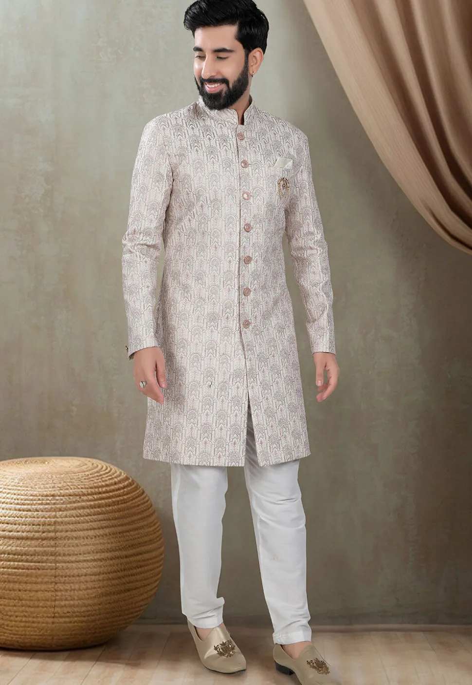 Embroidered Art Silk Sherwani in Cream