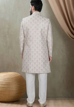 Embroidered Art Silk Sherwani in Cream