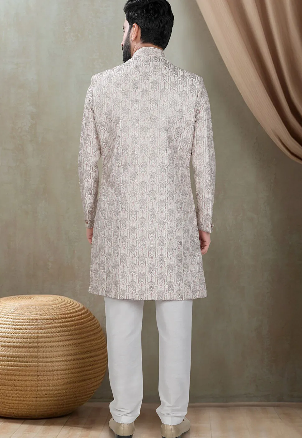 Embroidered Art Silk Sherwani in Cream