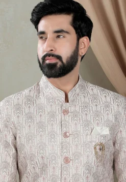 Embroidered Art Silk Sherwani in Cream
