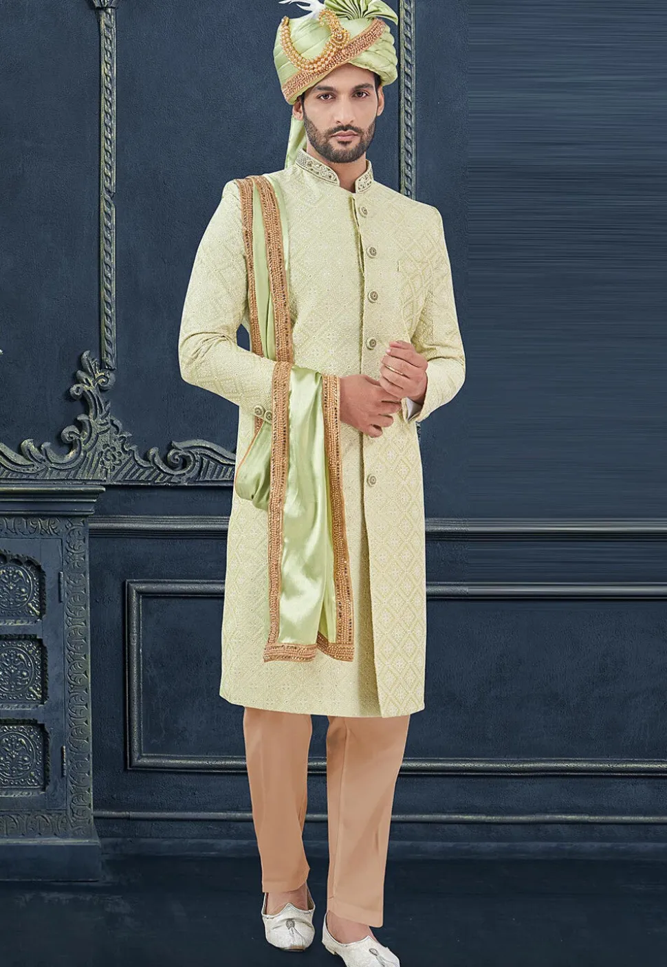 Embroidered Art Silk Sherwani in Light Green