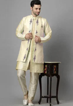 Embroidered Art Silk Sherwani in Light Beige and Cream