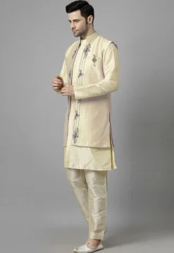 Embroidered Art Silk Sherwani in Light Beige and Cream
